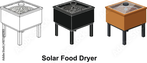 Collection of solar food dryer illustrations showing outline black and color versions for design and concept use