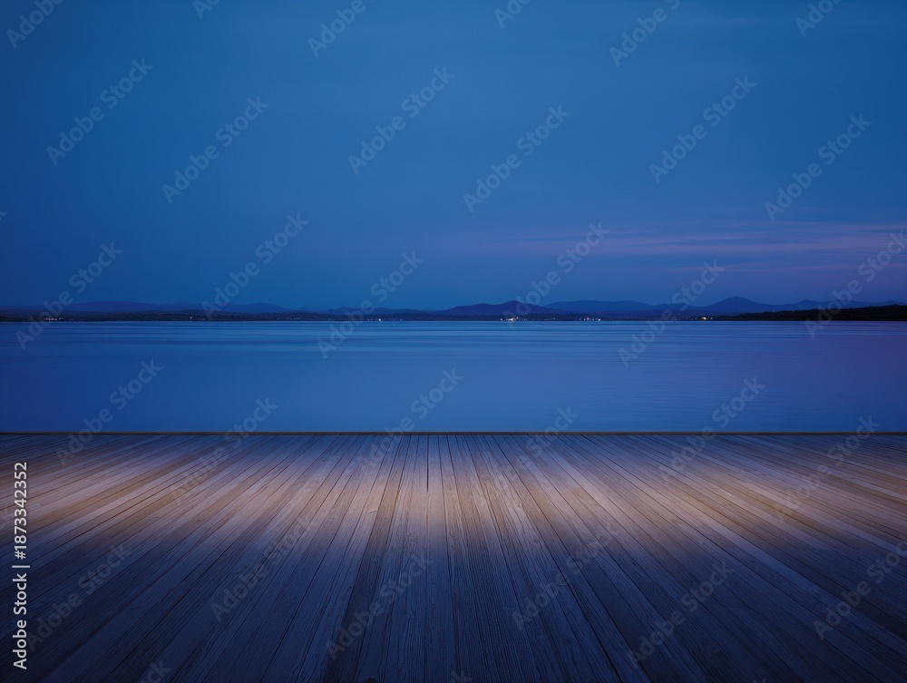 Fototapeta premium scenic lakefront view from stylish wooden deck at dusk peaceful outdoor setting with a calming atmosphere ideal for background print and card designs