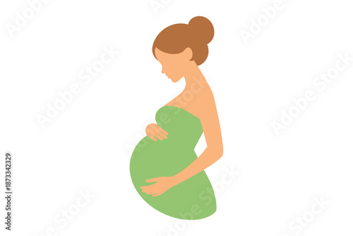 A pregnant woman in a green dress holding her belly with care