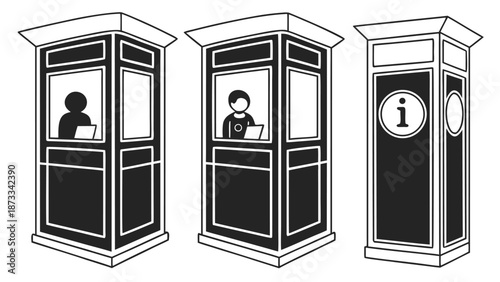 three black and white booth illustrations displaying figures and information a striking silhouette high quality professional