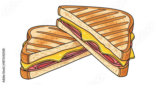 Two grilled ham and cheese sandwiches stacked showing melted cheese and meat.