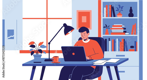 Man works intently on a laptop computer while seated at a desk in a bright home.