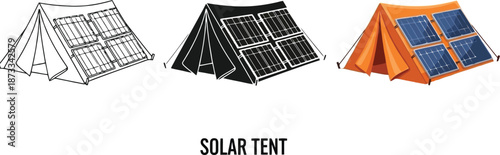 Collection of solar powered tents including outline silhouette and color illustrations for renewable energy and camping concepts