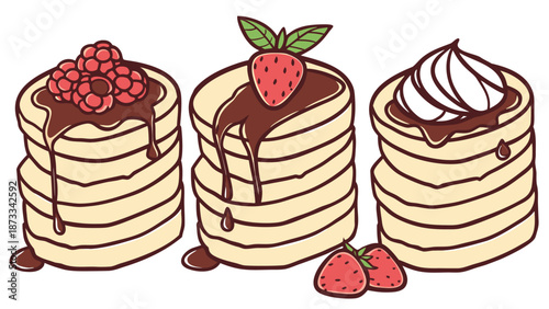 a delightful illustration of stacked pancakes with various toppings including berries and whipped cream silhouette