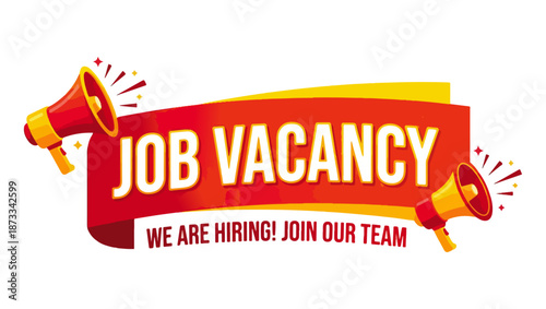 Job Vacancy Announcement Banner with Megaphones, job vacancy, hiring announcement, employment opportunity, megaphone icon, red yellow banner, bold typography, sound waves, recruitment graphic,
