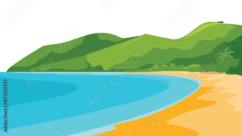 A serene beach scene with a mountain range in the background and a calm ocean wave lapping at the shore.