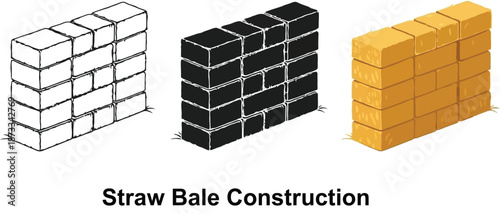 Three straw bale wall illustrations showing outline solid black and textured yellow designs for sustainable building concepts