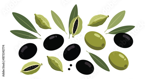 Black and green olives scatter around cardamom pods and olive tree leaves closely.