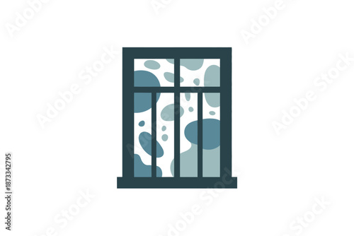 A minimalist illustration of a window with a blue and white pattern
