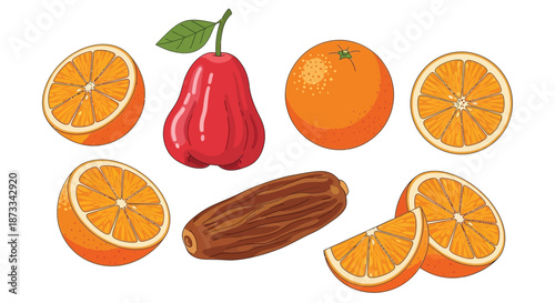 Assortment of fresh tropical fruit including oranges, a rose apple, and a date.