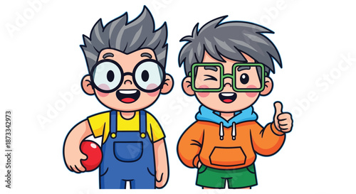 Two cheerful cartoon young boys with glasses stand together offering a thumbs up.