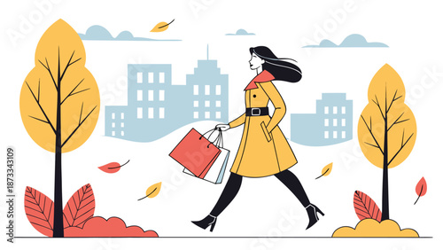 a woman walking with shopping bags through a park in autumn against a city backdrop silhouette