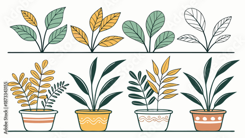 a decorative botanical design featuring various potted plants and leafy foliage in a striking silhouette