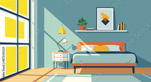 Modern bedroom interior design features bright sunlight streaming through large grid.