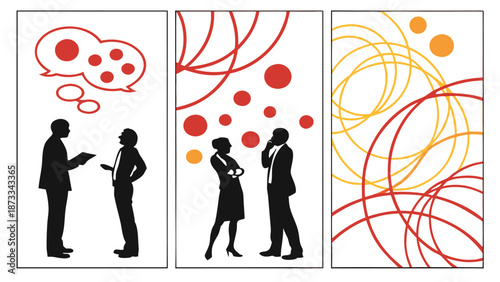 abstract art featuring people in conversation with colorful shapes and lines as a modern wall decoration silhouette