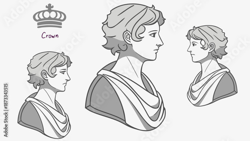 three profile views of a young person wearing a toga and a crown artistic illustration silhouette