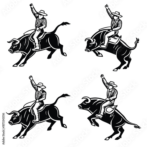 A dynamic depiction of a cowboy riding a bucking bull in various poses a striking silhouette