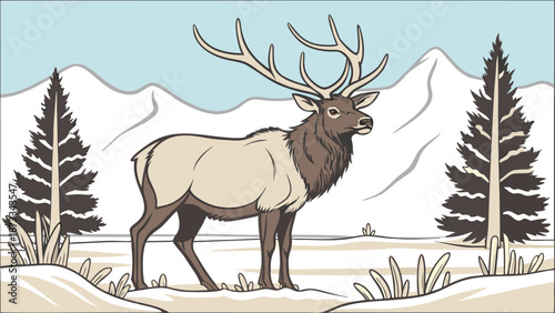 majestic elk stands proudly against a backdrop of snowy mountains and evergreen trees silhouette high quality