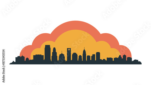 A stylized illustration of a city skyline at sunset with vibrant orange and yellow hues