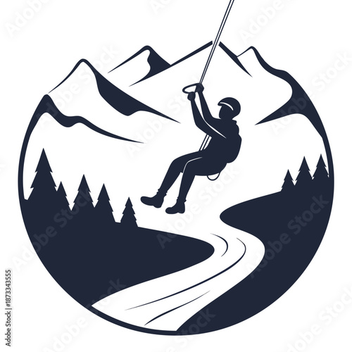 A lone climber rappels down a mountain face within a circular landscape design silhouette high quality