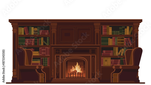 A cozy library with a fireplace and bookshelves on either side
