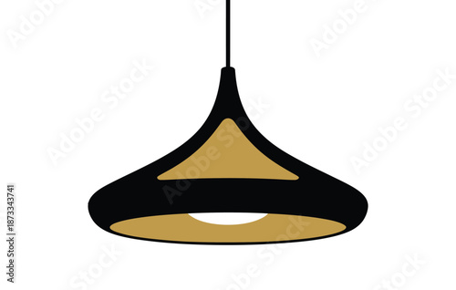 A modern black and gold pendant light fixture hanging from a ceiling