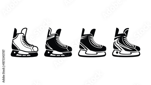 A set of four ice skates in different designs and colors on a white background