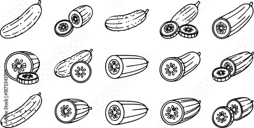 Outline set of black and white vector Cucumber or pickle icon collection, Healthy vegetarian food. Clip-art for packaging, label, menu, signboard or showcase