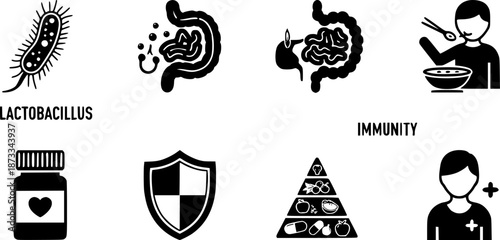 Lactobacilli icons set. Maintaining good digestive health with probiotics, enhancing immunity, and preventing infections with healthy food and medicine