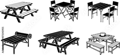 Set of camping tables and picnic benches featuring various designs, materials, and configurations, ideal for outdoor dining and recreation
