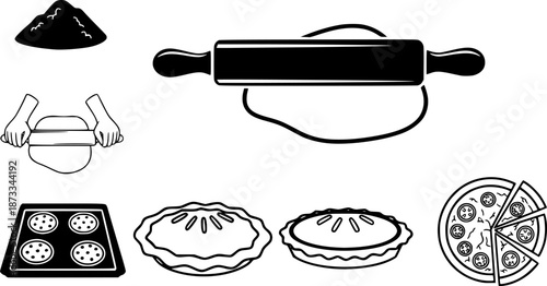 Rolling dough wooden pin icons set. Dough rolling, flour, rolling pin, baking tools and ingredients, preparing dough for baking cookies, pie, pizza
