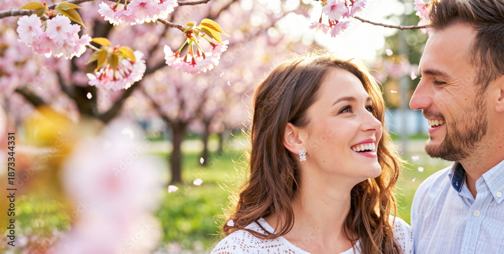 Fototapeta premium Happy couple smiling at each other under blooming cherry blossom trees in spring