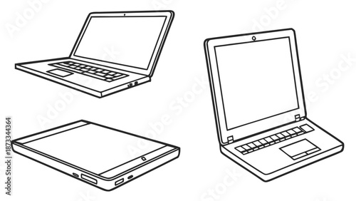 A black and white illustration depicting various views of laptops as simple outlines silhouette high quality