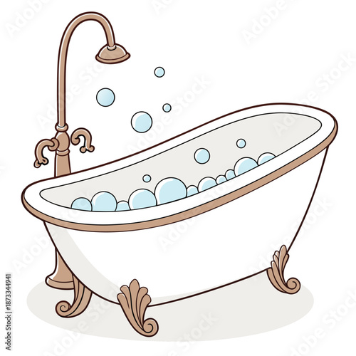a vintage style clawfoot bathtub filled with bubbly water and a classic shower head silhouette