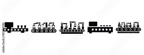 assembly line silhouette icon set, solid style, vector illustration
