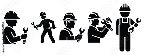 assembly worker silhouette icon set, solid style, vector illustration
