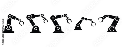 automated robot arm silhouette icon set, solid style, vector illustration