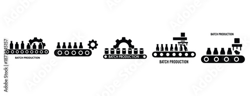 batch production silhouette icon set, solid style, vector illustration