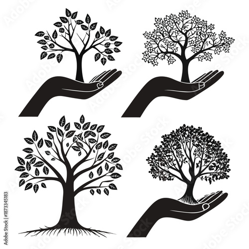 Protecting nature s growth hands cradling trees in various styles a symbolic representation of environmental care silhouette