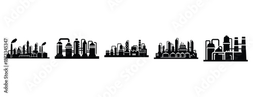 chemical plant silhouette icon set, solid style, vector illustration