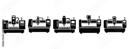 cnc machine silhouette icon set, solid style, vector illustration