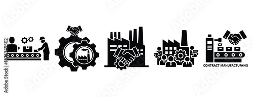 contract manufacturing silhouette icon set, solid style, vector illustration