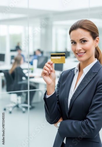 Woman holding a gold credit card in an office setting. Businesswoman showing payment option for financial transactions. Banking and commerce concept.