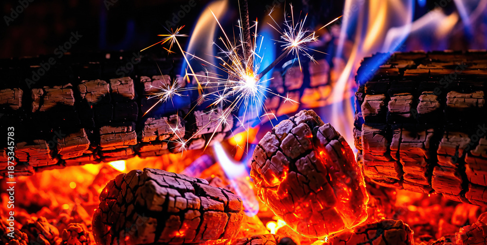 Fototapeta premium Vibrant Flames Engulfing Logs in a Fireplace, Sparks Flying Amidst Orange and Blue Blaze
