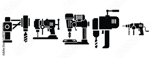 drilling machine silhouette icon set, solid style, vector illustration