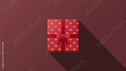 A charming red gift box decorated with a repetitive pink heart pattern.