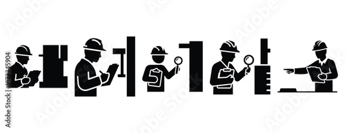 engineer inspection silhouette icon set, solid style, vector illustration
