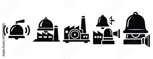 factory alarm silhouette icon set, solid style, vector illustration