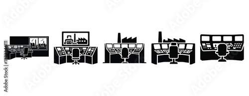 factory control room silhouette icon set, solid style, vector illustration