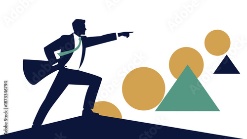 A determined businessman standing on a hill, pointing towards a bright future